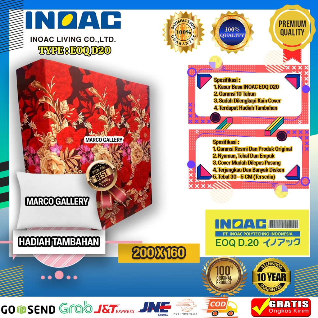 [200X160] Kasur Busa Inoac EOQ D20 Ukuran 200 X 160 cm Garansi 10 Tahun Anti Kempes GRATIS Bantal Me