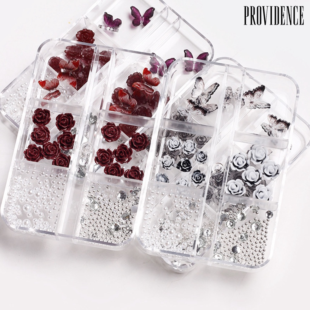 Providence 1kotak Pesona Nail Art Berkilauan Retro Mudah Di Tempel Mempesona Efek Visual DIY Resin 3D Kupu-Kupu Mawar Mutiara Imitasi Hiasan Kuku Perlengkapan Kerajinan