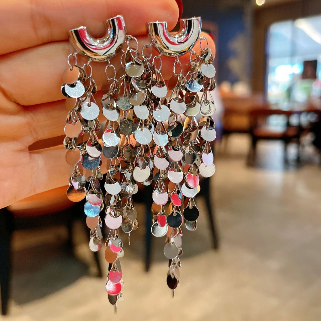 Goldkingdom Fashion Perhiasan Aksesoris Ready Stock Skala Berlebihan Logam Pribadi Perak Anting Panjang Perempuan Slim Fashion Silver