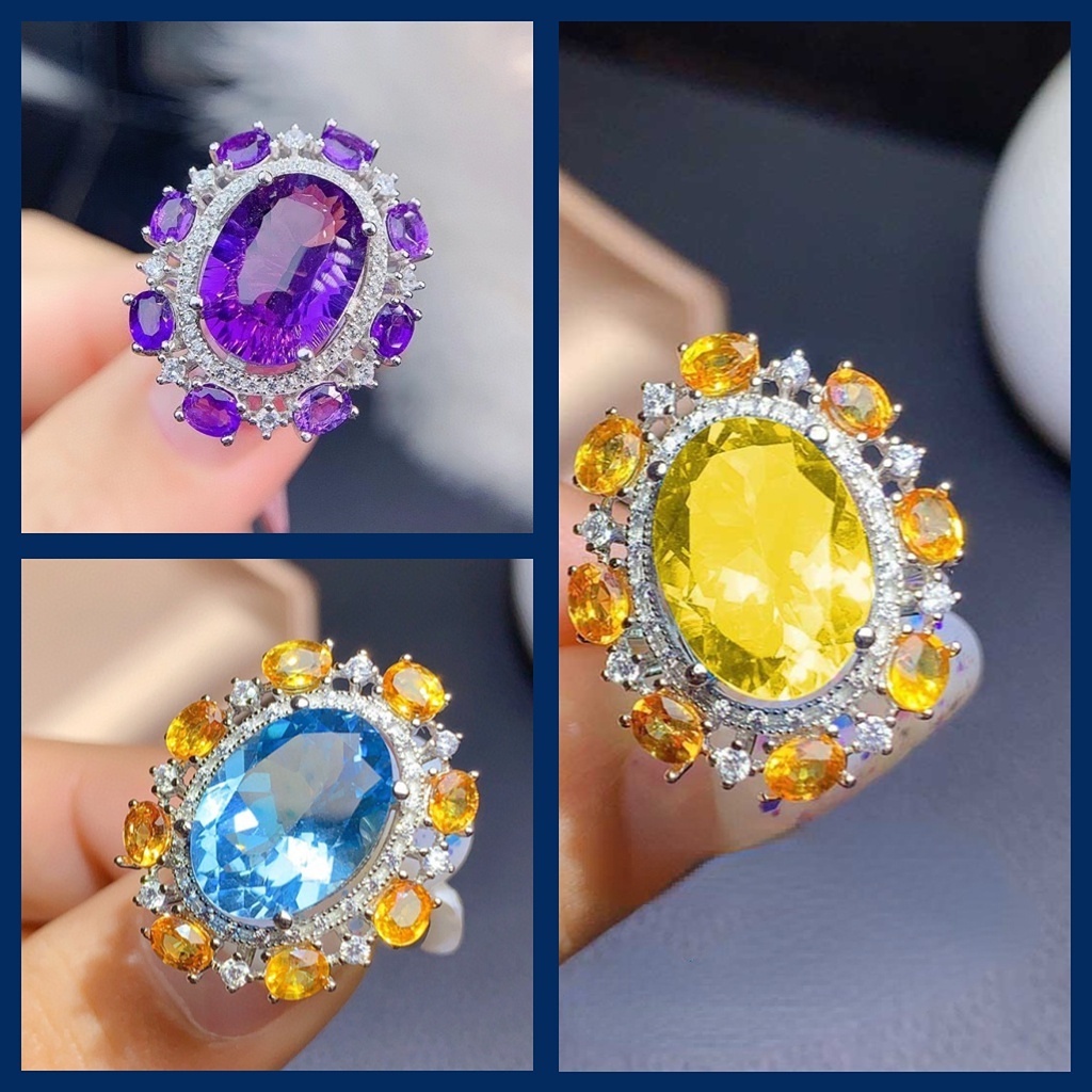 Goldkingdom Fashion Perhiasan Aksesoris Ready Stock Mewah Cadenza Cincin Natural Amethyst Charm Kuning Berlian Inset Berlian Adjustable Ring Untuk Wanita