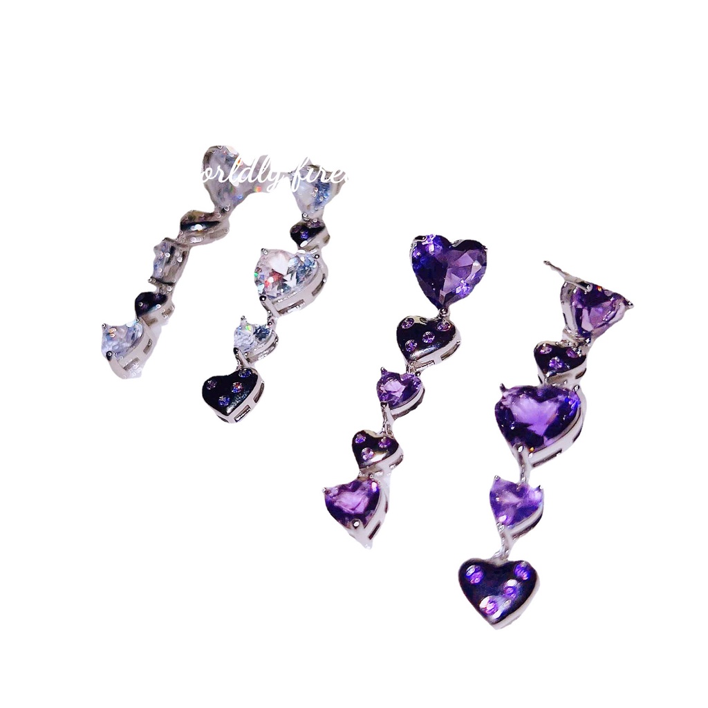 Goldkingdom Aksesoris Perhiasan Fashion Ready Stock Cahaya Mewah Cinta Mutiara Cerah Lavender Ungu Berlian Asimetris Anting Perempuan