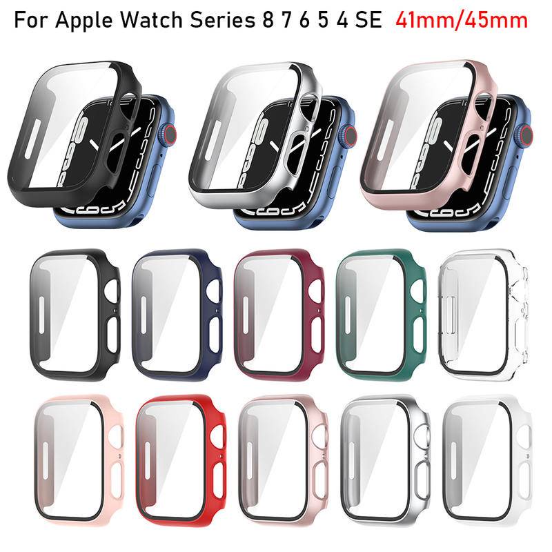 Kaca+cover For Apple Watch Series8 7 6 5 4 3 2 1 SE SE2 Pelindung Layar Hard PC Bumper Cover Pelindung Untuk iWatch 45mm 41mm 44mm 42mm 40mm 38mm