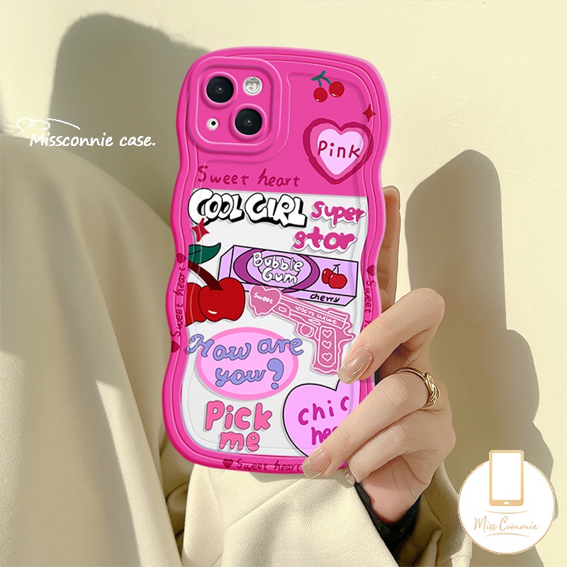 IPHONE Casing Tepi Bergelombang Kompatibel Untuk Iphone11 14 13 12 Pro Max X7 8 14 6s 6 Plus XR XS Max SE 2020 Label Fashion Cinta Hati Cherry Tpu Soft Phone Cover