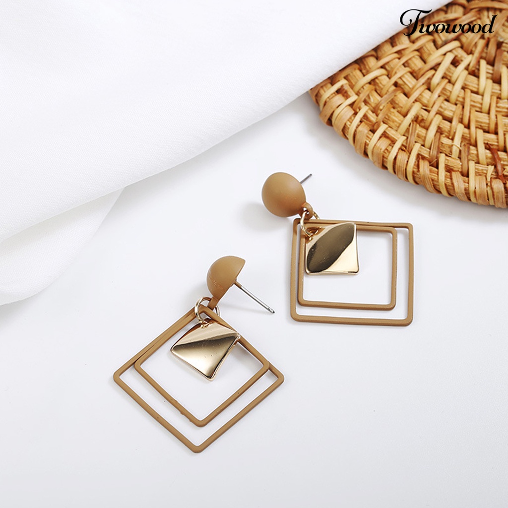 Twowood 1pasang Menjuntai Anting Geometris Matte Kepribadian Minimalis Berongga Double Belah Ketupat Wanita Stud Earrings Fashion Jewelry