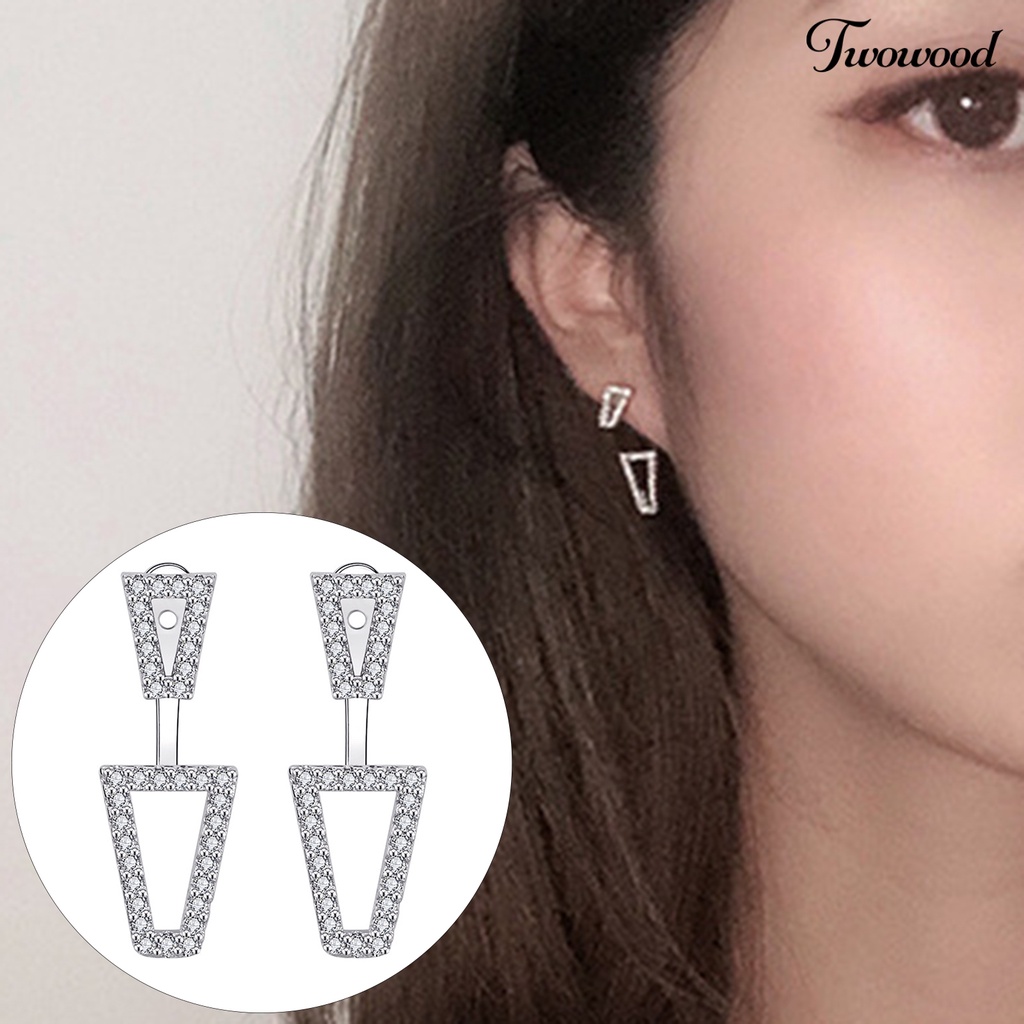 Twowood 1pasang Anting Tusuk Dual Wearing Ways Geometri Hadiah Warna Silver Berlian Imitasi Mengkilap Wanita Earrings Untuk Pacaran