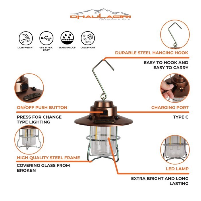 Lampu Tenda Retro Camping Lamp 53 Dhaulagiri Bisa Dicas Rechargeable