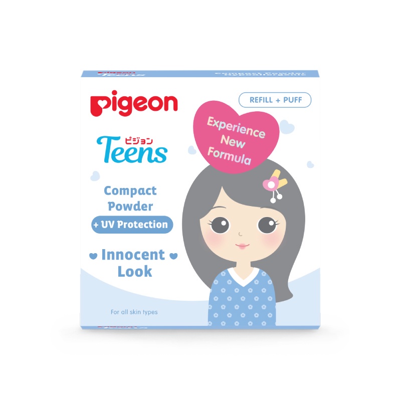 PIGEON Teens Compact Powder + UV Protection Indonesia / Bedak Padat 14g / Innocent Look / For All Skin Types / White Pink Beige Natural Sand / Cosmetic Makeup Series Anak Remaja / Full Set Refill Loose Two Way Cake TWC Foundation Tabur Squalane Innocent