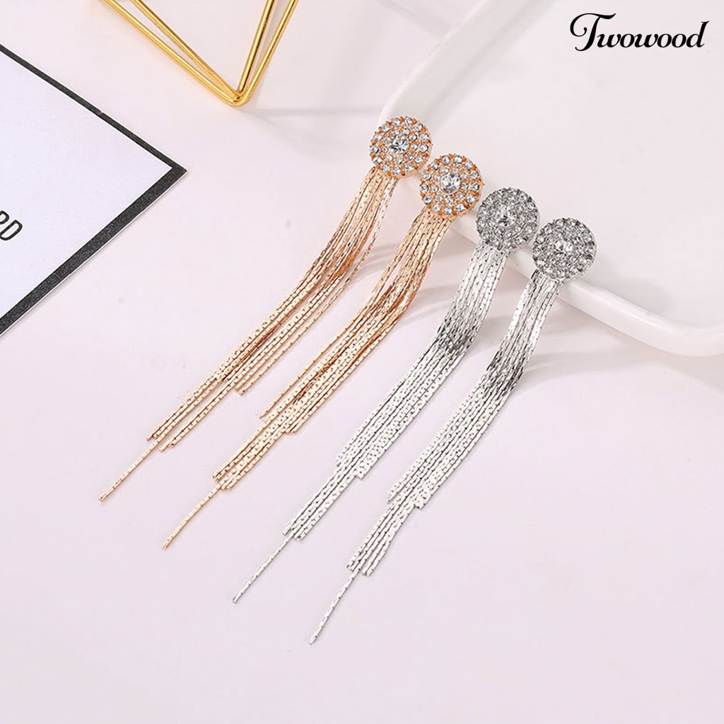 Twowood 1pasang Wanita Anting Kristal Imitasi Bersinar Rumbai Electroplating Lurus Gantung Berdandan Aksesori Panjang Rumbai Menjuntai Anting Gantung Perlengkapan Kostum