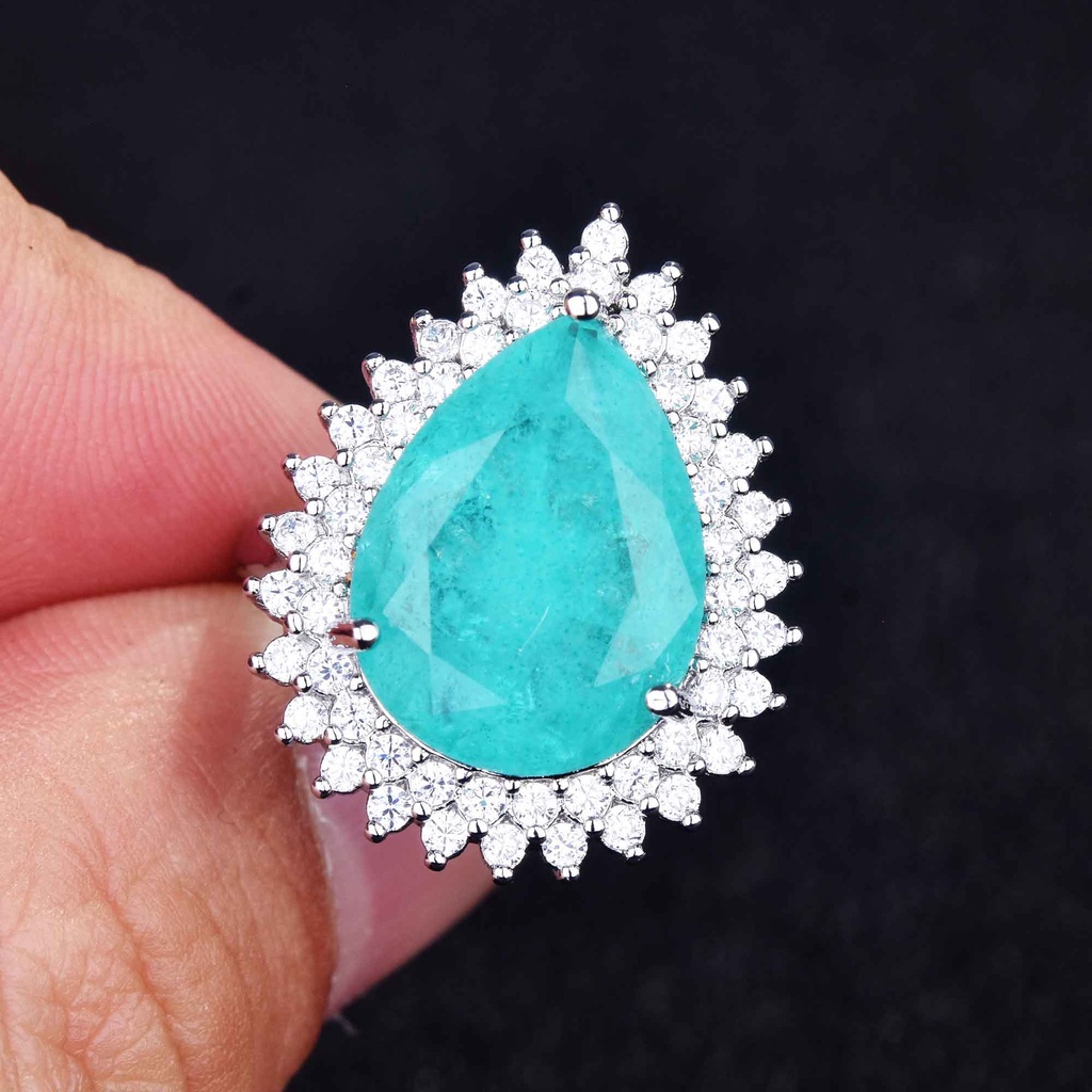 Goldkingdom Fashion Perhiasan Aksesoris Ready Stock Niche Desain YEATION Alami Pallai Tourmaline Cincin Dai Fei Tetes Berbentuk Pir Biru-Hijau Cincin