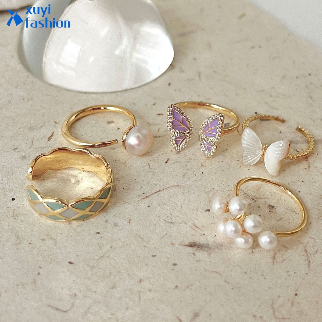 Cincin Terbuka Emas Sederhana Mutiara Drop Oil Butterfly Hollow Rings Untuk Perhiasan Aksesoris Wanita