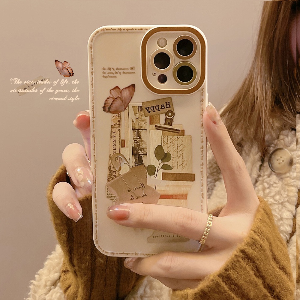 IPHONE [Mata Kucing] Soft Case TPU Anti Slip Untuk Iphone7Plus8 Plus X XS XR XS Max11 13 12 14 PRO Max 14 Plus Ins Fashion Grey Retro Sticker Wanita