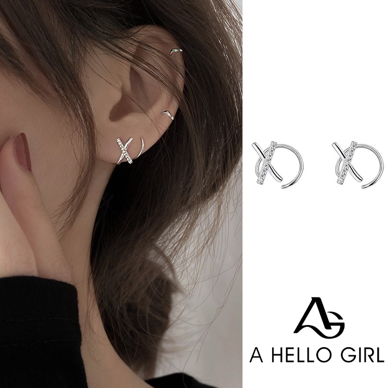 Anting Giwang Simple Model Huruf X Dengan Berlian Imitasi Warna Silver Untuk Wanita