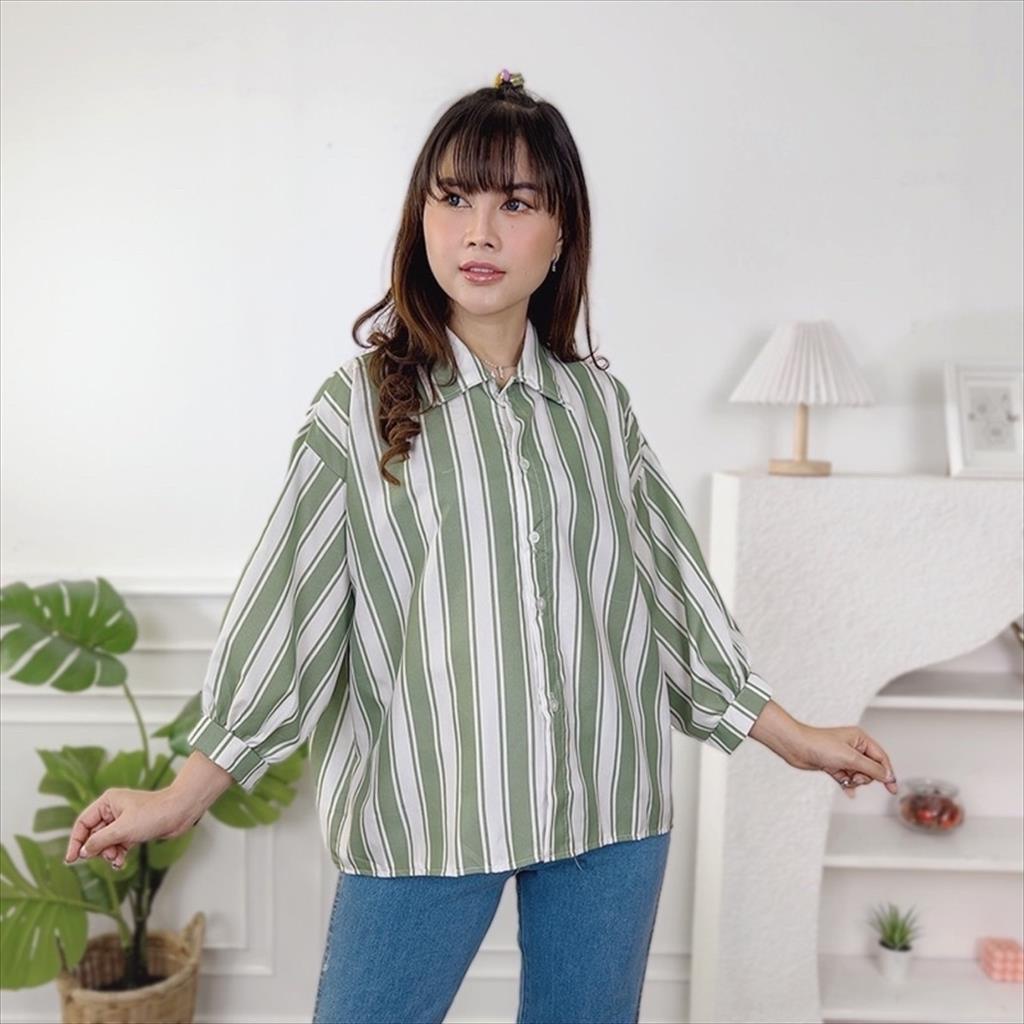 MJS 1.151 - Blouse Lili Oversize Top Stripe Shirt Kemeja Pakaian Atasan Baju Lengan Panjang Wanita Remaja