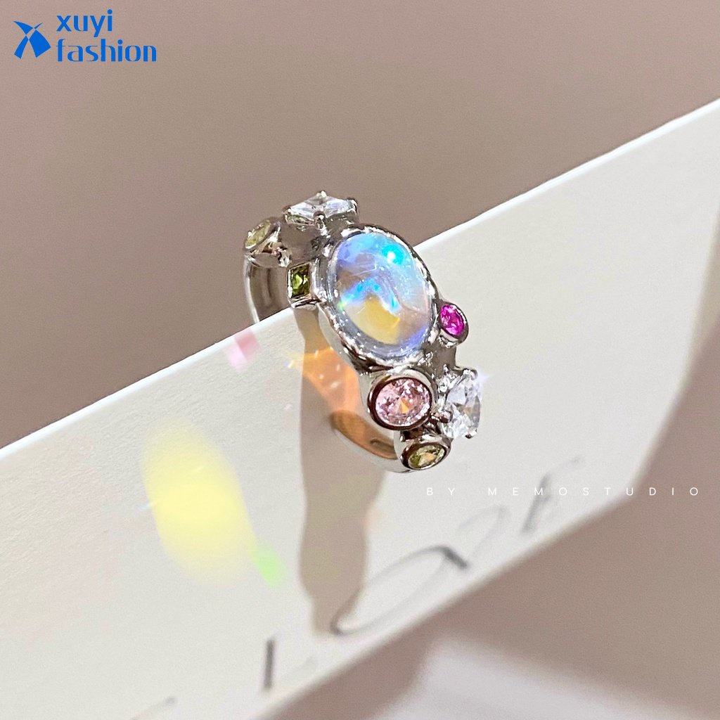 Colorful Moonstone Rings for Women Silver Zircon Open Ring Accessories