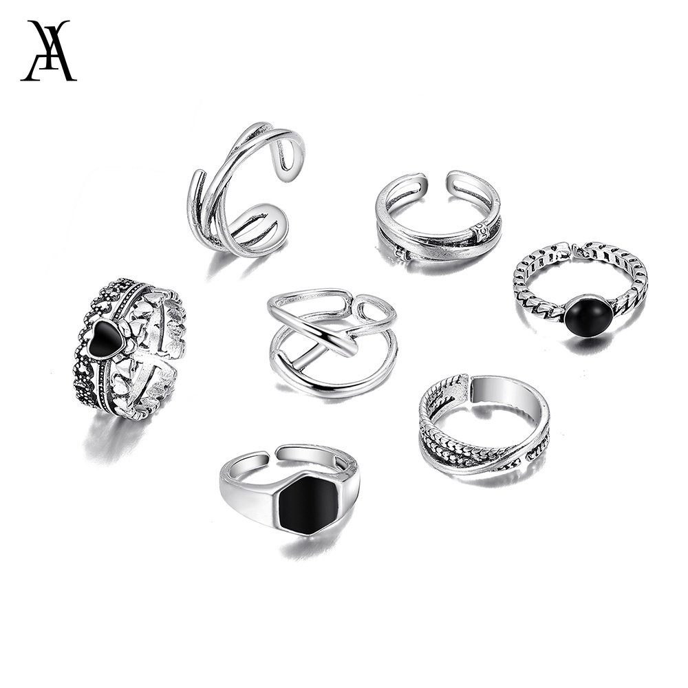 AY(CN) 7pcs / Set Cincin Silver Bentuk Hati Warna Hitam Gaya Retro Untuk Wanita