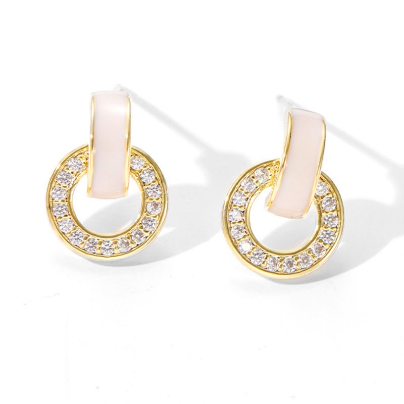Anting Tusuk Emas Halus Bertatahkan Berlian Simple Bulat Serbaguna Gaya Untuk Wanita