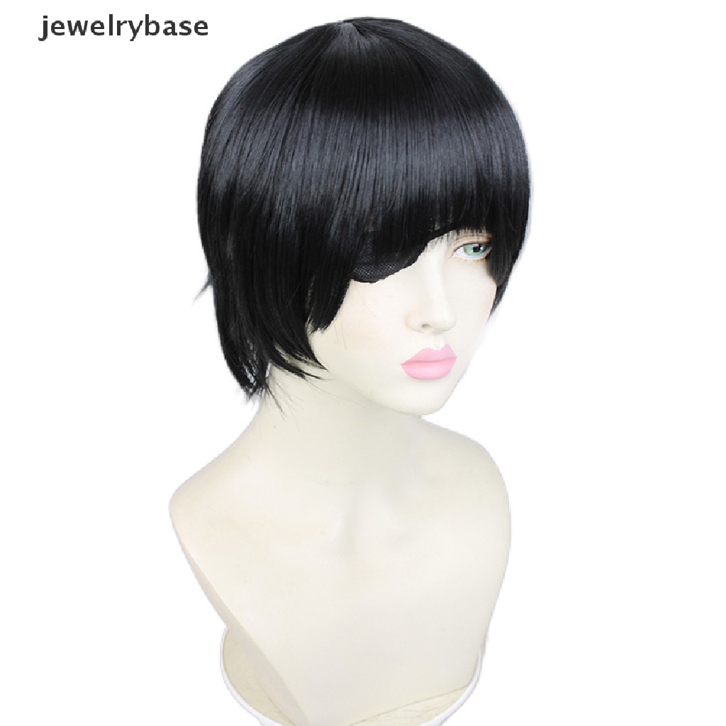 [jewelrybase] Himeno Wig Rantai Man Hitam Pendek Berbulu Lapis Rambut Sintetis Patch Tahan Panas Kostum Pesta Wig Butik