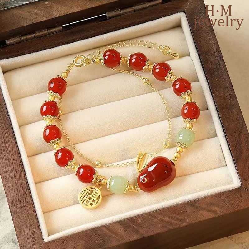 Giok Hare Hetian Jade Double-Layer Bracelet 2023gelang Batu Akik Merah Kelinci