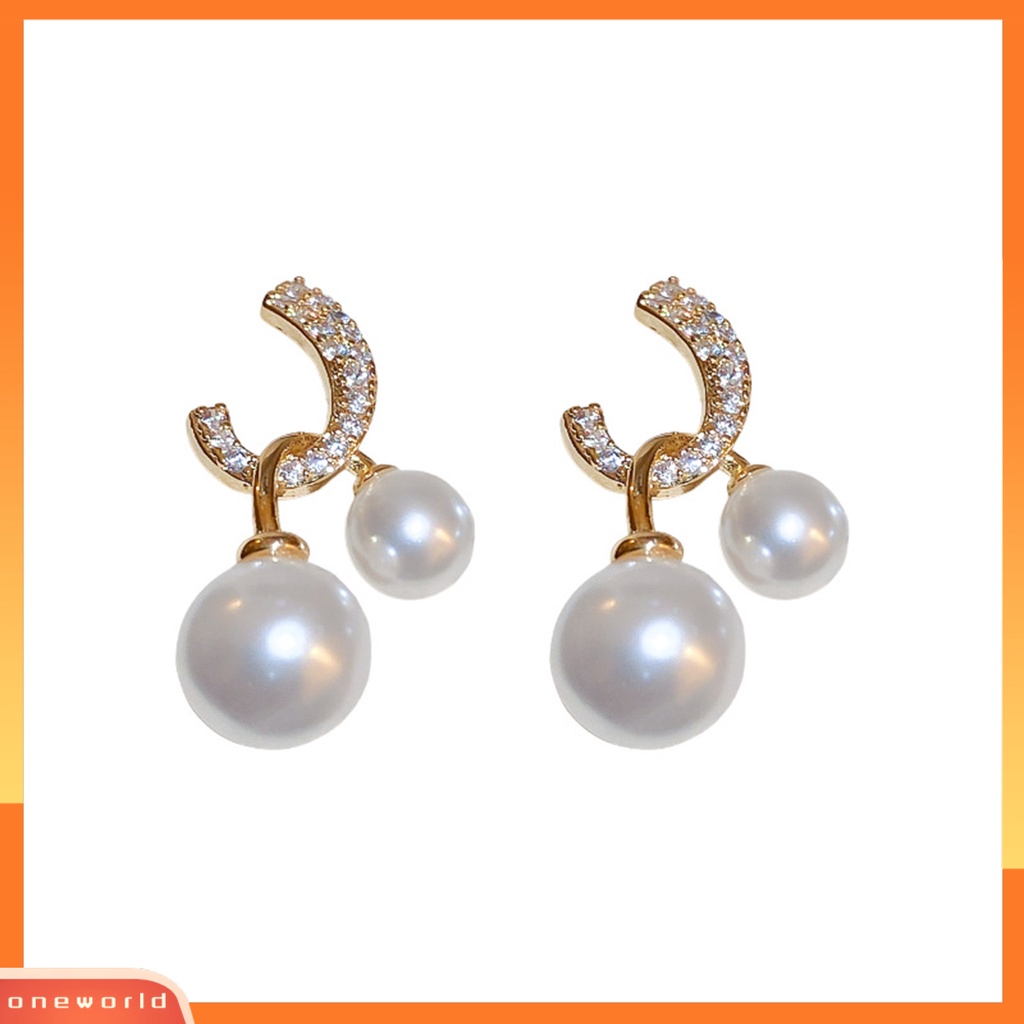 [OWR] 1pasang Anting Pejantan Dual Mutiara Imitasi Mungil Emas Bling Berlian Imitasi Wanita Drop Earrings Fashion Jewelry