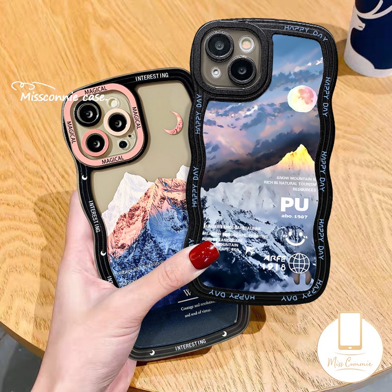 IPHONE Couple Case Kompatibel Untuk Iphone11 14 12 13 Pro Max 7Plus XR X XS Max 7 6 6s 8 14 Plus SE 2020 Fantasi Matahari Salju Gunung Lembut Tpu Bergelombang Tepi Smile Phone Cover