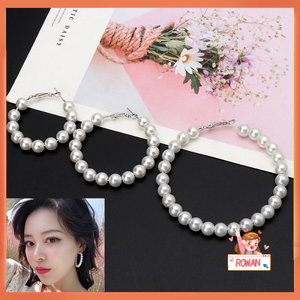 R-flower Pearl Hoop Earrings Wanita Pernikahan Pertunangan Lingkaran Besar Bentuk Bulat