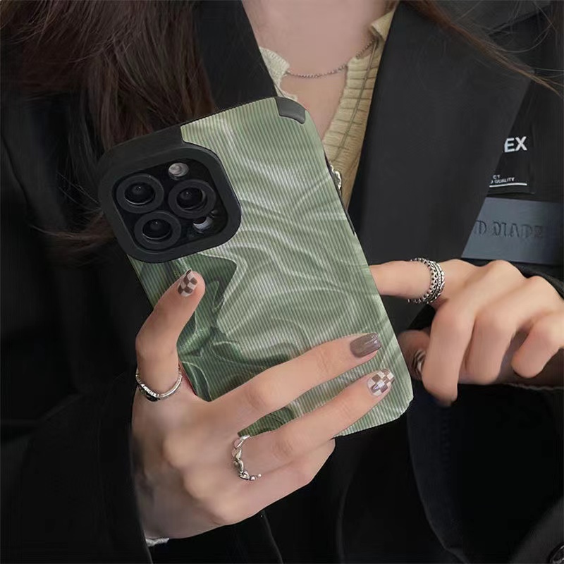 【Lamb Skin】Leather Soft Case IP IPhone 7 8 14 Plus 7+ 8+ X XR SE 2020 XS Max 11 12 13 14 Pro Max Phone Case Pretty Green Oil Painting Wave