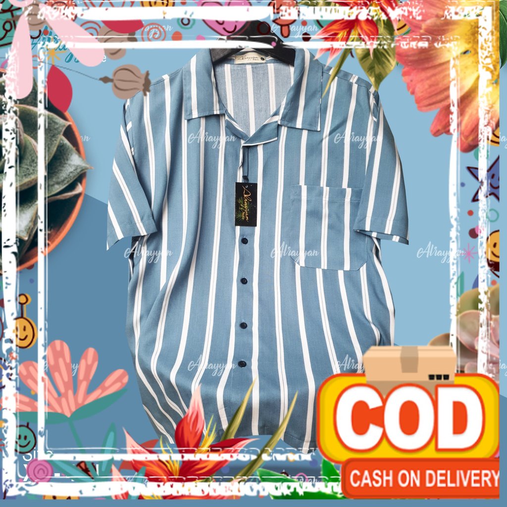 Alrayyan Store - Baju Kemeja Hawai Pantai Bali Lengan Pendek Cowok Cewek Motif Salur Biru Putih / ma