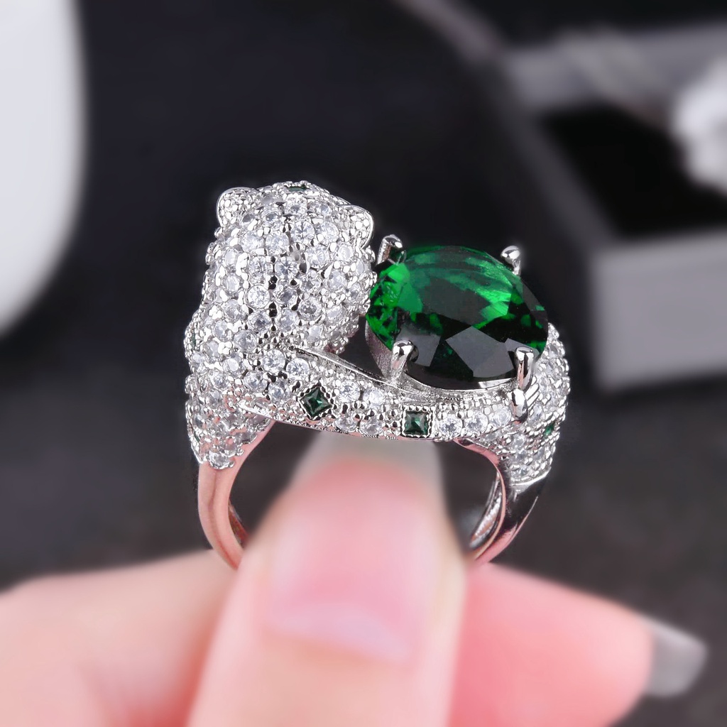 Goldkingdom Aksesoris Perhiasan Fashion Ready Stock Gauding Jewelry Royal Sapphire Emerald Full Bor Leopard Kepala Cincin Perempuan Yang Dapat Disesuaikan