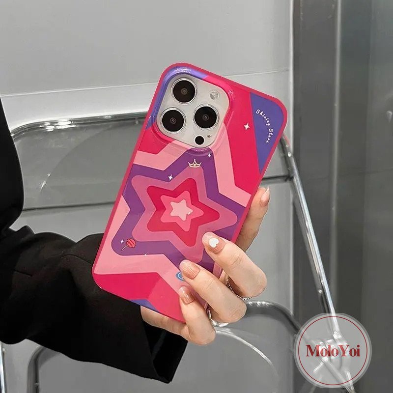 Kompatibel Untuk IPhone 14 Pro Max11 7 8 Plus XR 13 12 Pro Max 7plus X XS Max SE 2020 Rose Red Fashion Gradient Stars Shockproof Glossy Halus Soft Cover