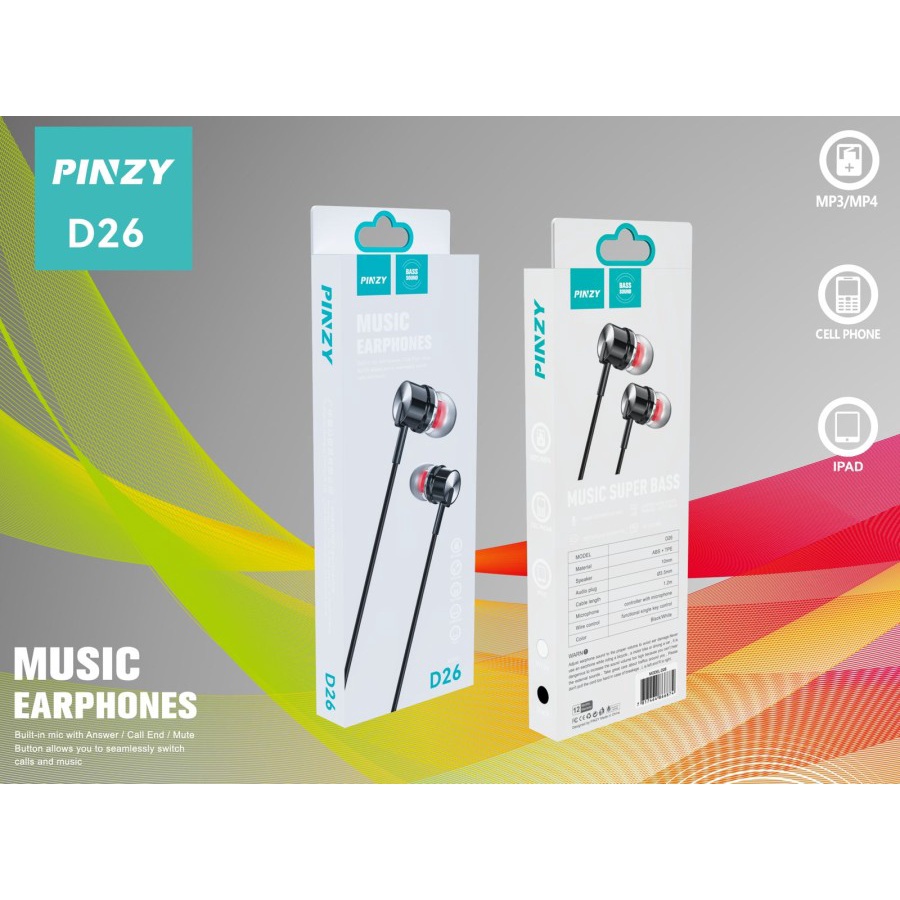 HEADSET HANDSFREE PINZY D26 MUSIC SUPERBASS EARPHONE WITH MICROPHONE