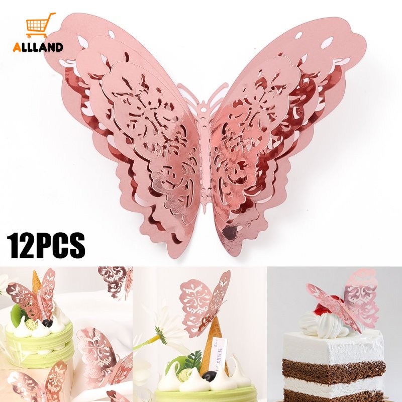 12pcs Topper Kue Kupu-Kupu Berongga 3D/Rose Gold Ukiran Butterfly Art Craft Paper Untuk Dekorasi Kue Pesta Ulang Tahun