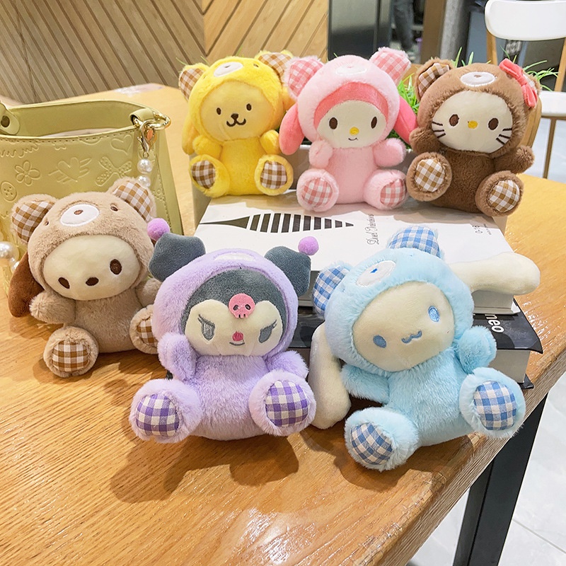 Kawaii Sanrio Mainan Mewah Gantungan Kunci Hello Kitty My Melody Cinnamoroll Pachacco Cute Bear Series Liontin Boneka Mainan Anak