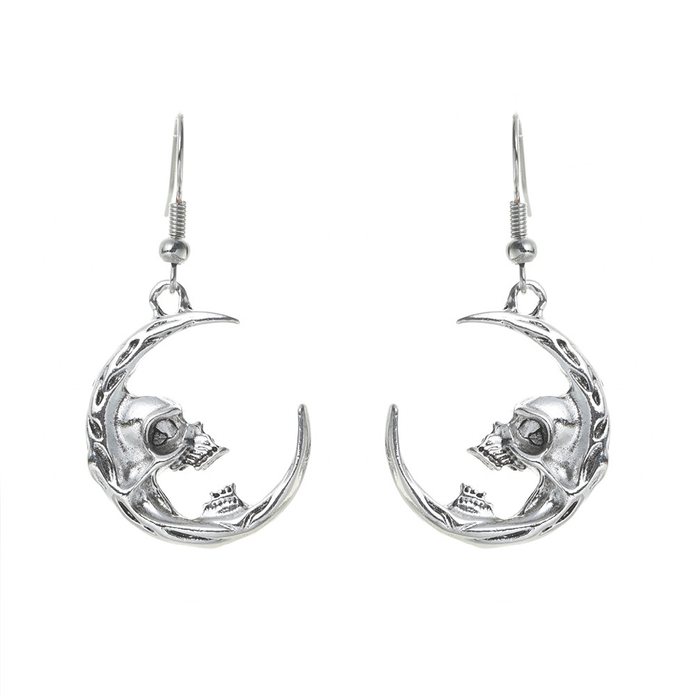 Gothic Gelap Gaya Anting Tengkorak Kepribadian Vintage Bulan Sabit Menjuntai Anting-Anting Retro Perak Moon Drop Earrings Punk Gadis Keren Wanita Aksesoris