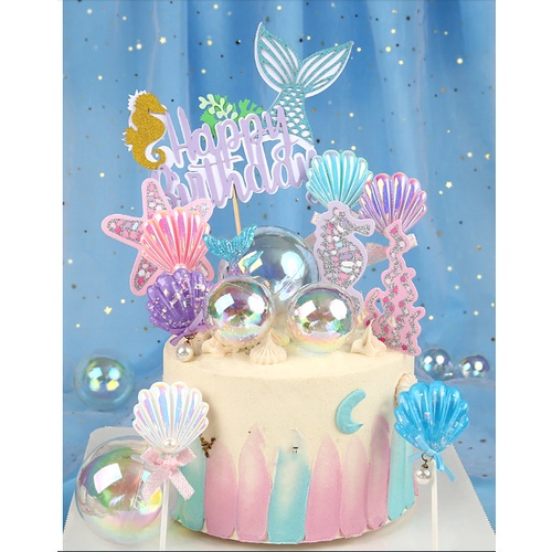 Topper Cake Desain Mermaid Rumput Laut Ikan Hiu Ekor Peti Harta Karun / Topper Birthday Lucu
