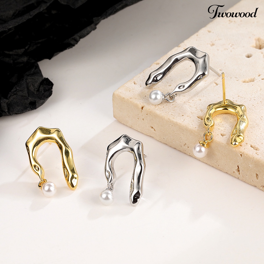 Twowood 1pasang Ear Studs Geometric Irregular Electroplating High Polished Faux Pearl Hias Hypoallergenic Asimetris Wanita Modern Stud Earrings Perhiasan Aksesori