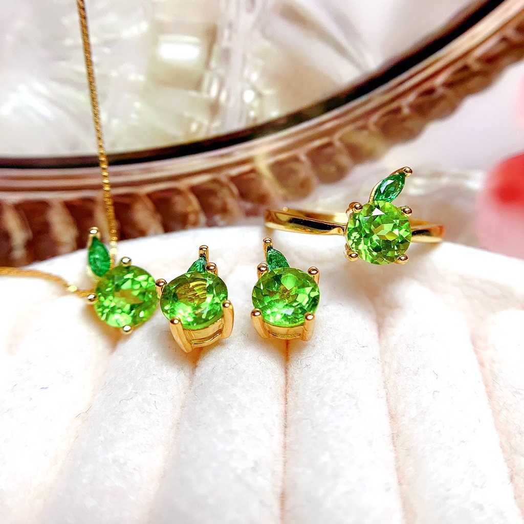 Goldkingdom Aksesoris Perhiasan Fashion Ready Stock Live Drainase Baru Apel Segar Dan Halus Setelan Cincin Berlian Kuning Mengacu Berlian Hijau Anting Warna-Warni Liontin Kalung.