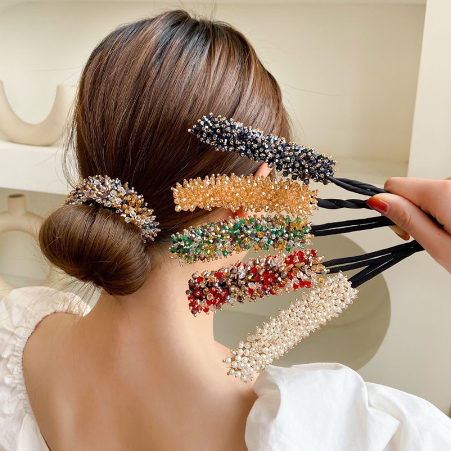 Korea Manik-Manik Kristal Jepit Rambut Ponytail Holder Woman Pearl Colorful Hair Clip Aksesoris Rambut