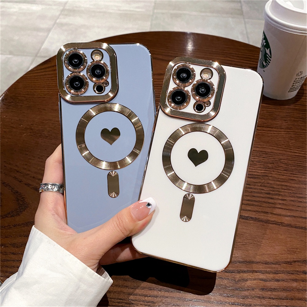 IPHONE Luxury Plating Love Heart Magnetic Untuk Magsafe Wireless Charge Case Untuk Iphone14 13 12 11 Pro Max Plus Silikon Lembut Full Cover