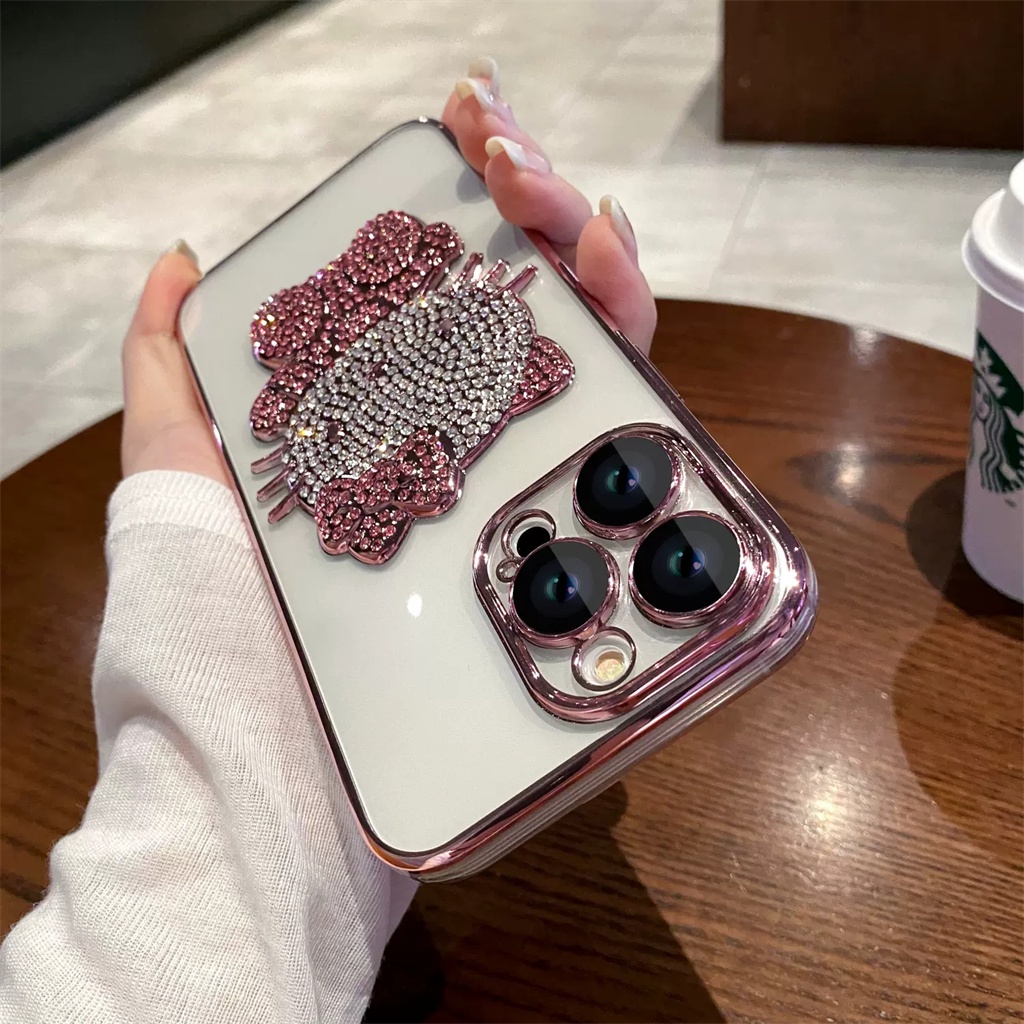 Berlian Mewah 3D Hello Kitty case iphone 14 pro Max14 plus case iphone 13 12 pro max Perlindungan Kamera Lensa Berlapis bezel Bening Perlindungan shock TPU soft back cover