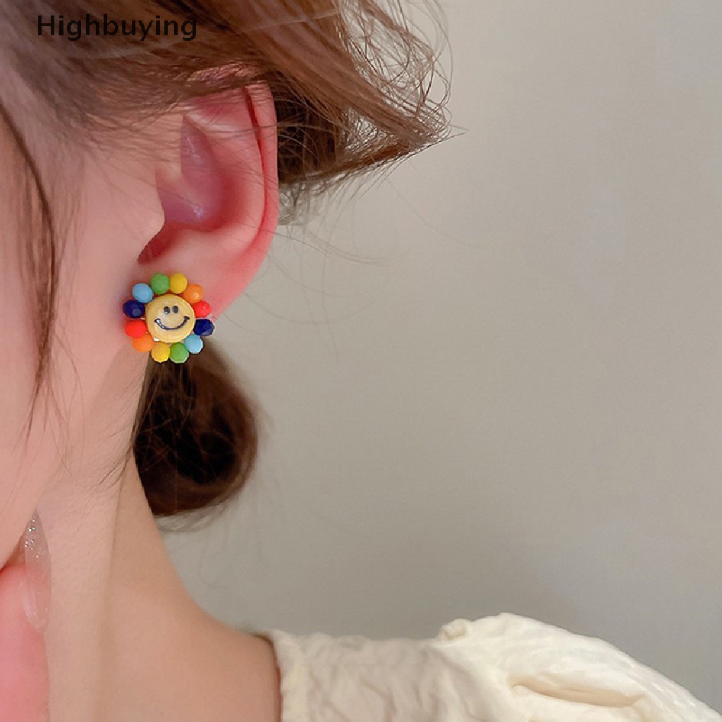 Hbid Anting Manik-Manik Resin Bunga Matahari Warna Acak Asimetris Mutiara Stud Earrings Untuk Wanita Perempuan Korea Fashion Pendientes Glory