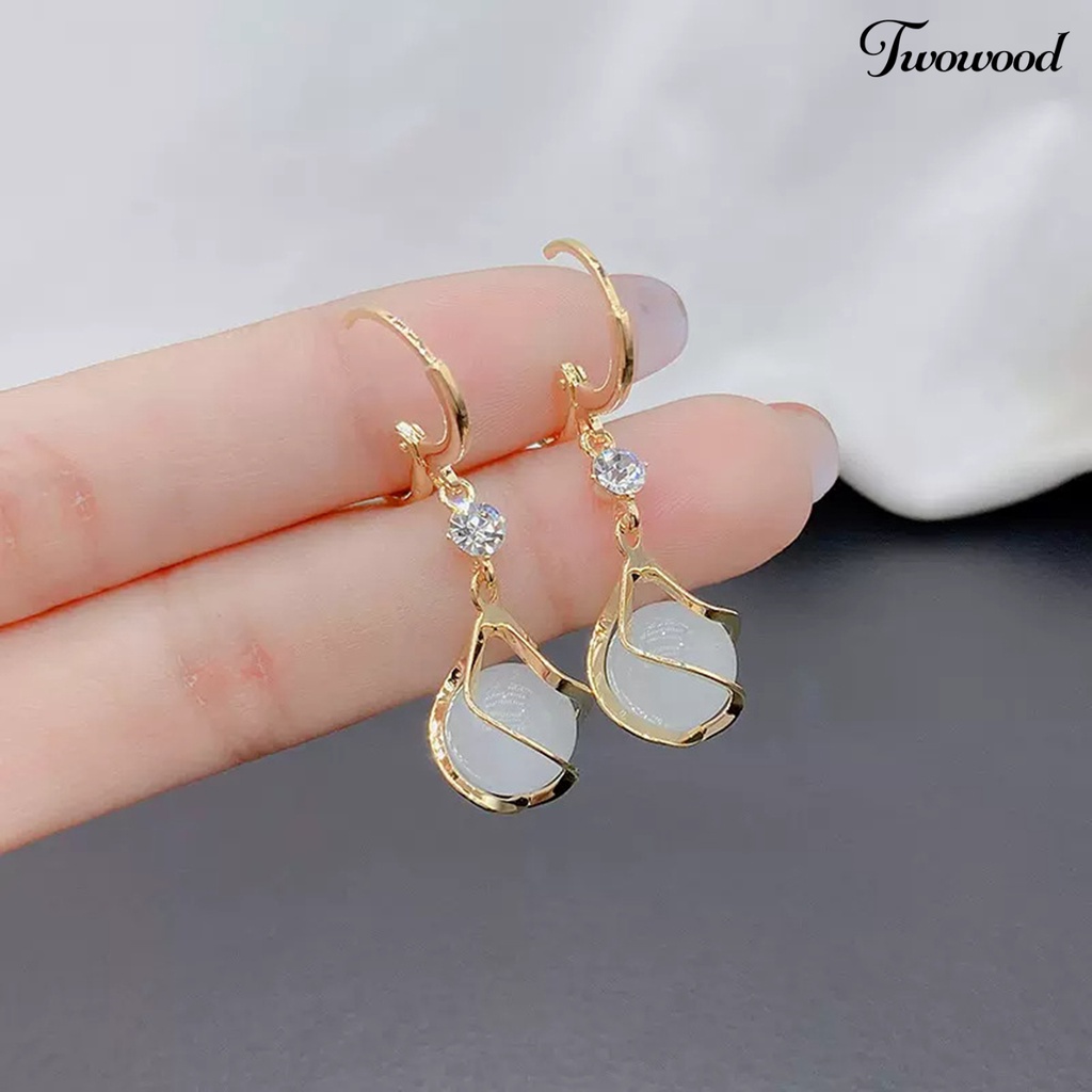 Twowood 1pasang Drop Anting Berongga Keluar Panjang Rumbai Shiny Berlian Imitasi Bertatahkan Berkilau Hias Hadiah Wanita Bulat Faux Opal Pendant Hoop Earrings Fashion Perhiasan