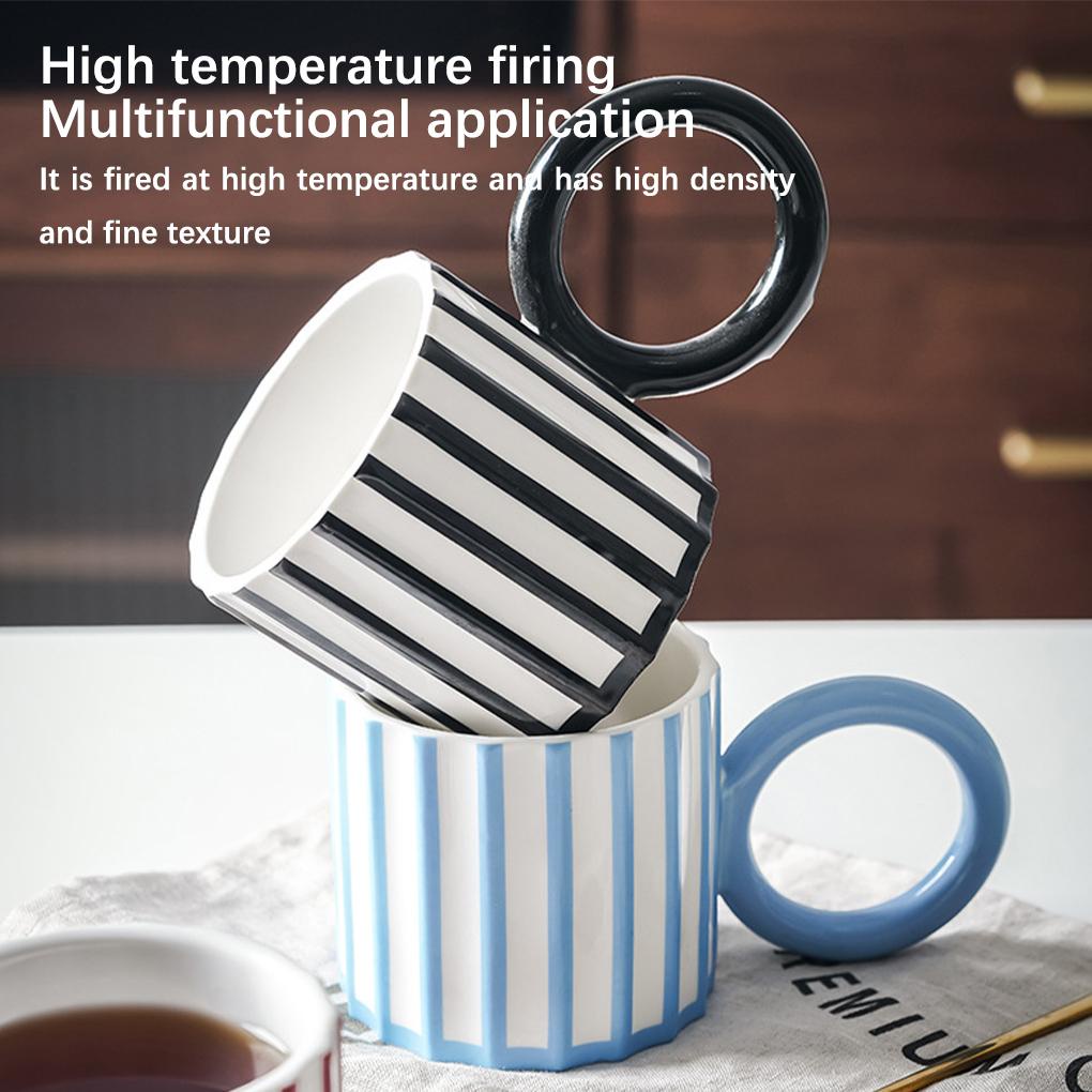 Cangkir Air Keramik Motif Garis Mug Kopi Susu Dengan Pegangan Minum Teh Jus Cangkir Botol Hadiah Rumah Indoor Kantor Cafe