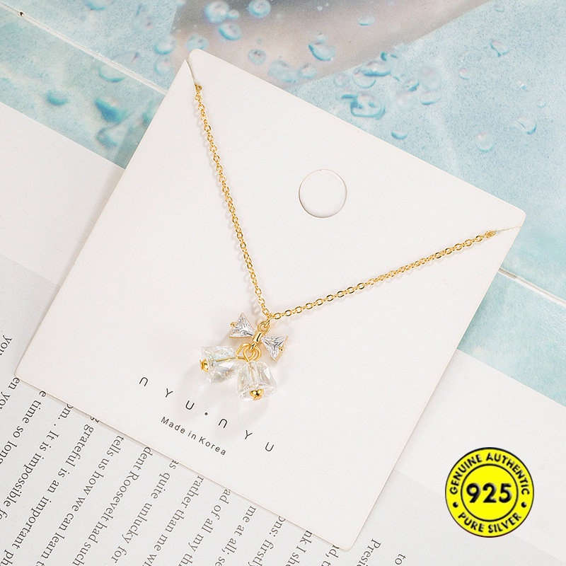 S925 Perak Kristal Busur Bell Kalung Manis Elegance Pendant U1591