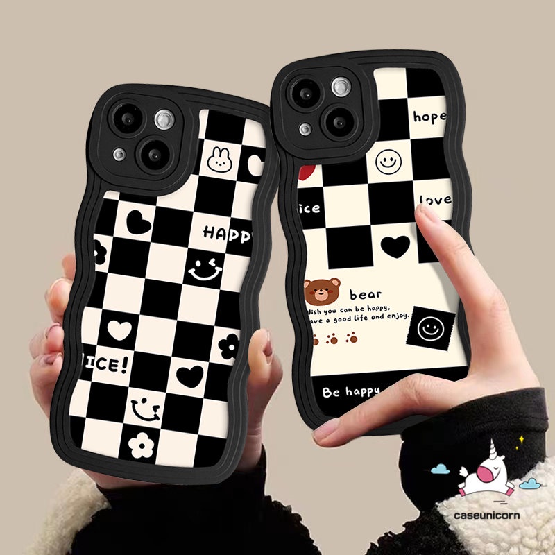 Infinix Hot 10T 9 8 11 10 Play 12 Pro 10Lite 11s 12i 20 20s Hot 10s 11s NFC Note 8 12 G96 10Pro 12Pro 12 2023 Smart 5 4 6 Plus Chessboard Beruang Lucu Smile Couple Lembut Bergelombang Tepi Sarung