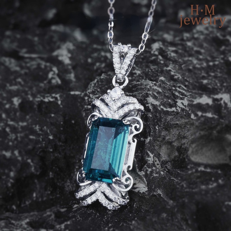 S925 Perak Berwarna Permata Tourmaline Beruntung Liontin Pendant Elegan Elegan Topaz Kalung