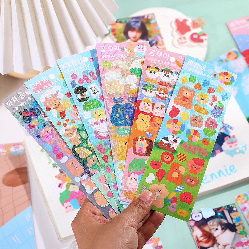 Mohamm 1lembar Glitter Lucu Kartun Manis Stiker Hias Pet Untuk Foto Kartu DIY Kolase Scrapbooking