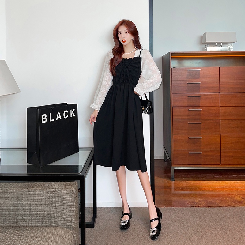 Good Quality 2023 Fashion Korean Style Dress Long Sleeve Black Khaki Midi Dress for Women Midi Dress Khaki Hitam Untuk Wanita Lengan Panjang Gaun