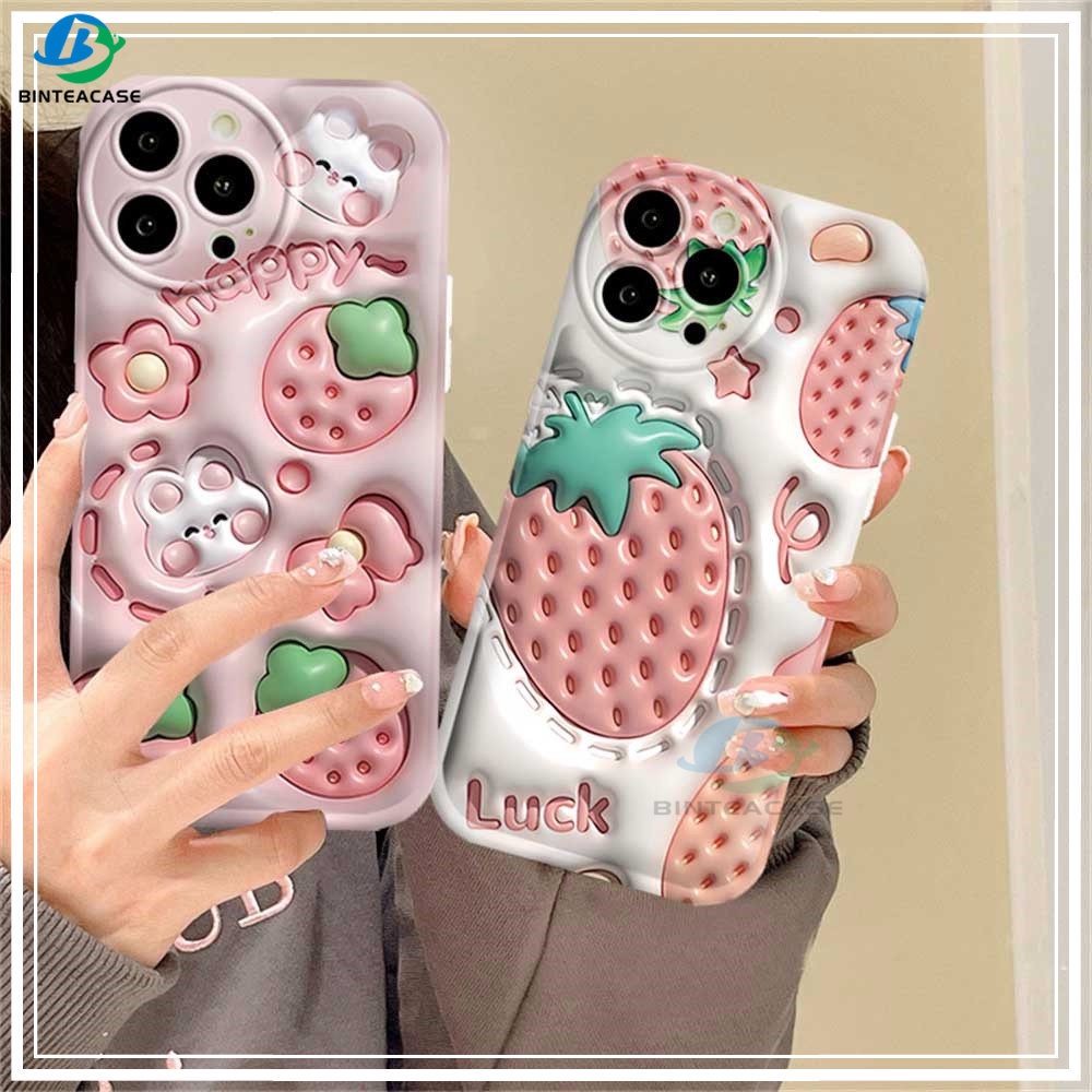 Casing hp Realme 10 C15 C12 C25S C11 C20 realme5 5i 6i C3 8i C21Y C25Y Cream Strawberry Rabbit Silikon Airbag Case Binteacase