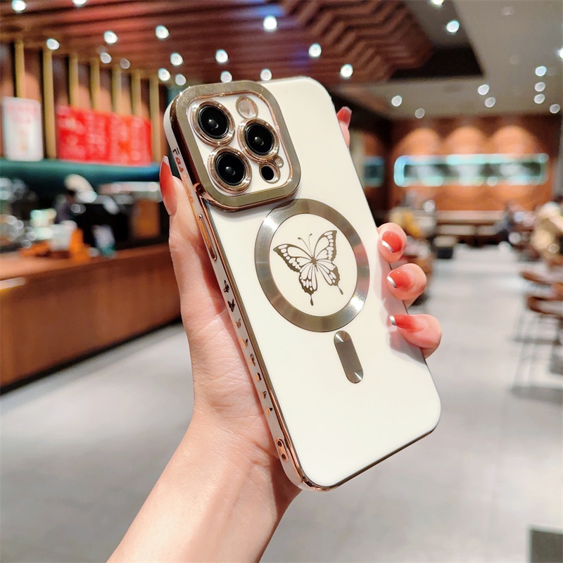 IPHONE Butterfly Wireless Charge Cinta Hati Plating Phone Case Untuk Iphone14 13 12 Pro Max Plus11 Shockproof Lembut TPU Penutup Belakang