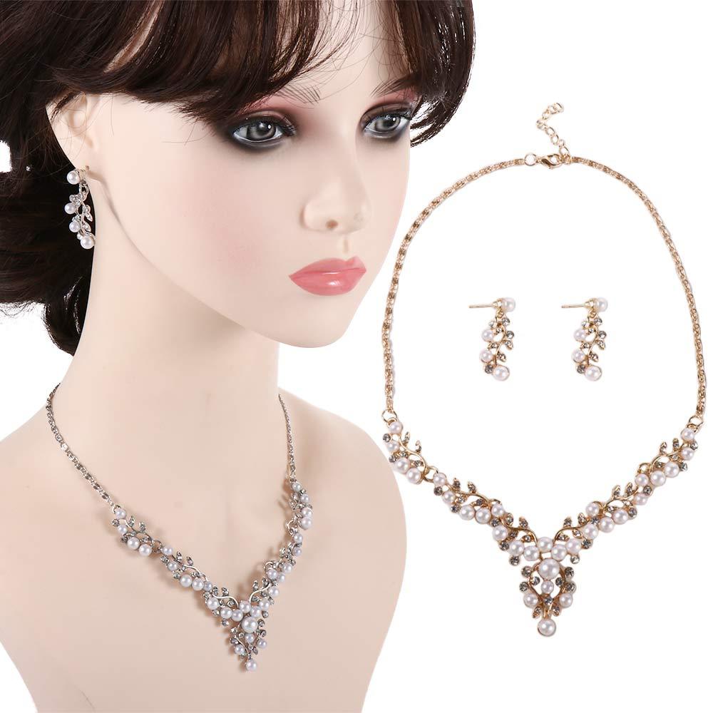 REBUY Rebuy Set Perhiasan Pesta Pesona Afrika Anting Kalung Mutiara Imitasi Gold/Silver Simulasi Kristal Silver Plated